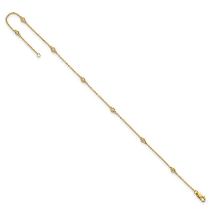 14K Yellow Gold Complete 1/8 carat Bezel-set Diamond and Cable Chain 7-Station 9 Inch Anklet