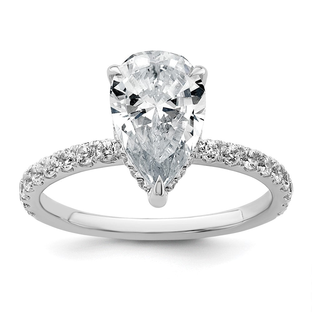 14K White Gold 2 5/8 carat Certified Lab Grown Diamond VS+ F+ Pear Complete Solitaire with Flair Engagement Ring