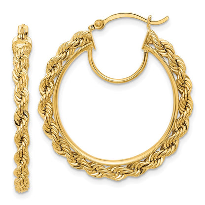 14K Yellow Gold Polished and D/C Rope 2.95mm Hoop Earrings