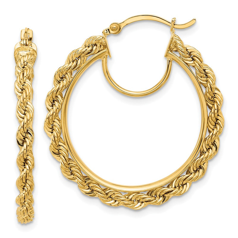 14K Yellow Gold Polished and D/C Rope 2.95mm Hoop Earrings