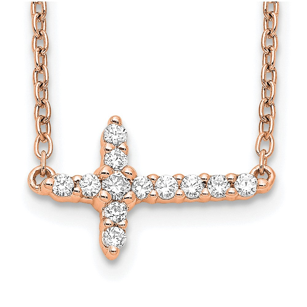 14K Rose Gold 1/6 carat Diamond Sideways Cross 18 Inch Necklace