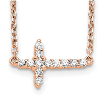 14K Rose Gold 1/6 carat Diamond Sideways Cross 18 Inch Necklace
