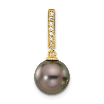 14K Yellow Gold 10-11mm Black Round Tahitian Saltwater Cultured Pearl and .07 Carat Diamond Dangle Chain Slide