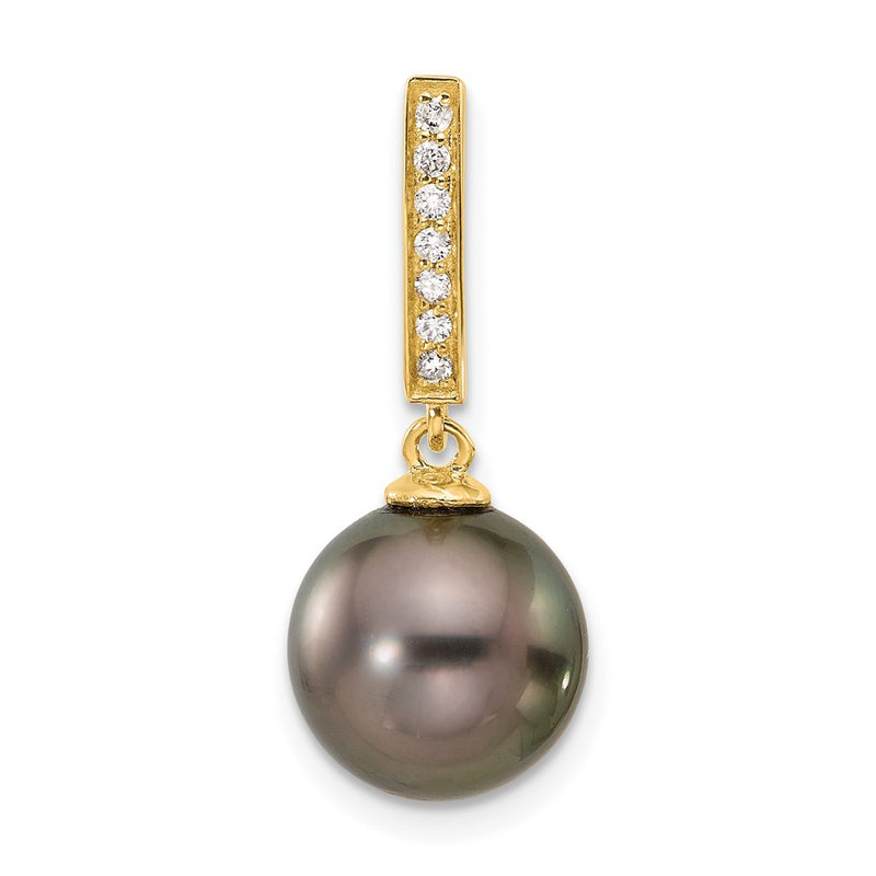 14K Yellow Gold 10-11mm Black Round Tahitian Saltwater Cultured Pearl and .07 Carat Diamond Dangle Chain Slide