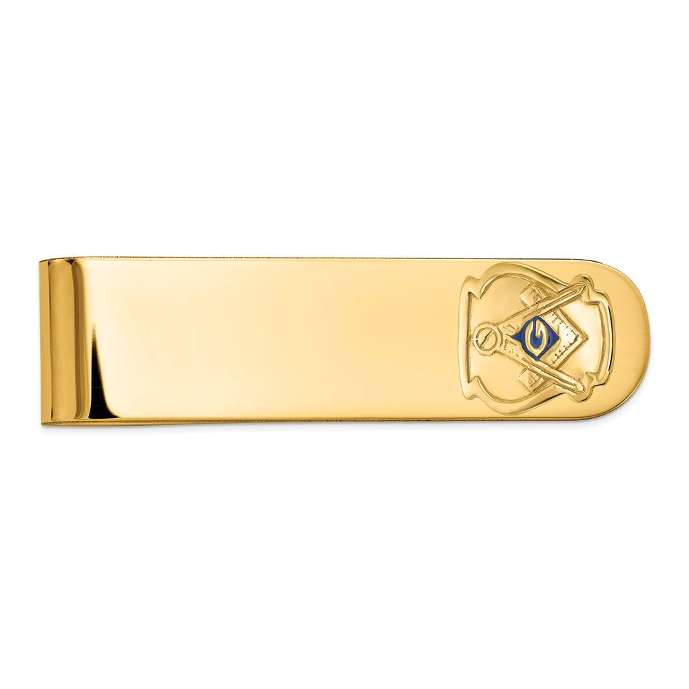 14K Yellow Gold Men's Polished and Textured with Blue Enamel Masonic Small Money Clip