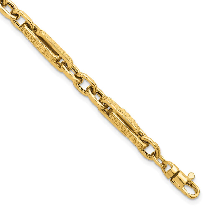 14K Yellow Gold Polished and Textured 4.8mm Greek Key Design Links 7.75 Inch Bracelet
