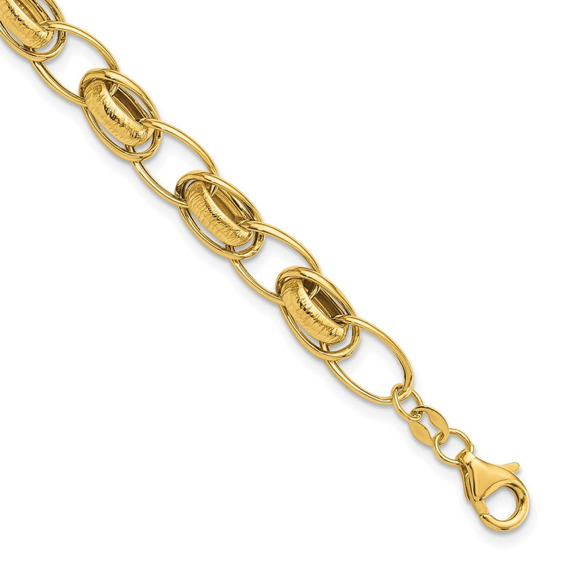 14K Yellow Gold Polished and Textured 7mm Fancy Link 7.5 Inch Bracelet