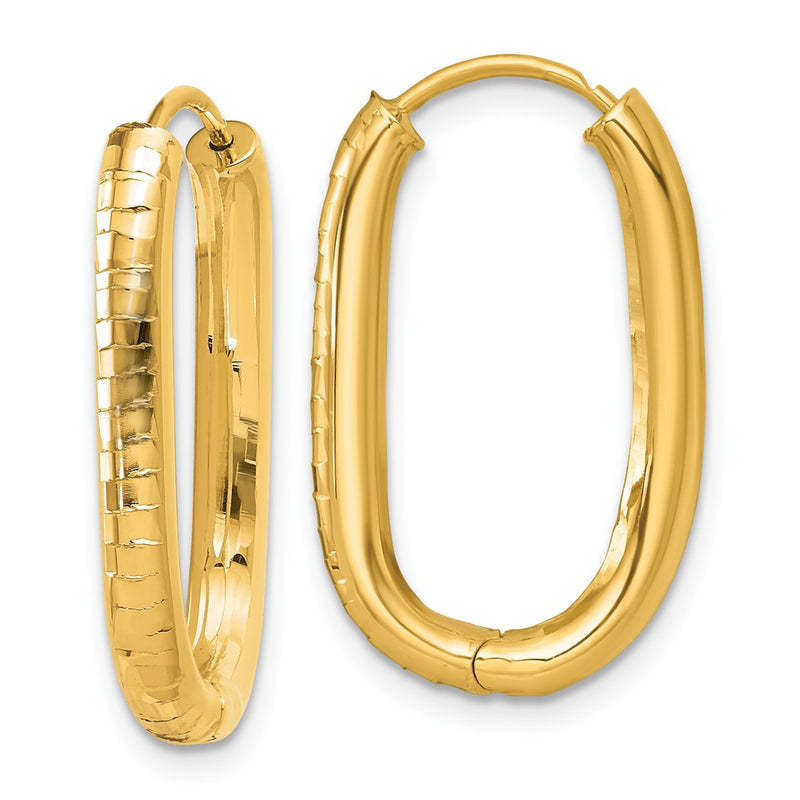14K Yellow Gold Polished 3.25mm Textured Oval Hinged Hoop Earrings