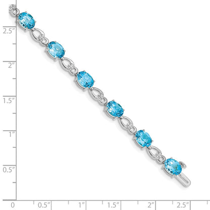 14K White Gold Complete Oval Swiss Blue Topaz and Diamond Fancy Link 7 Inch Bracelet