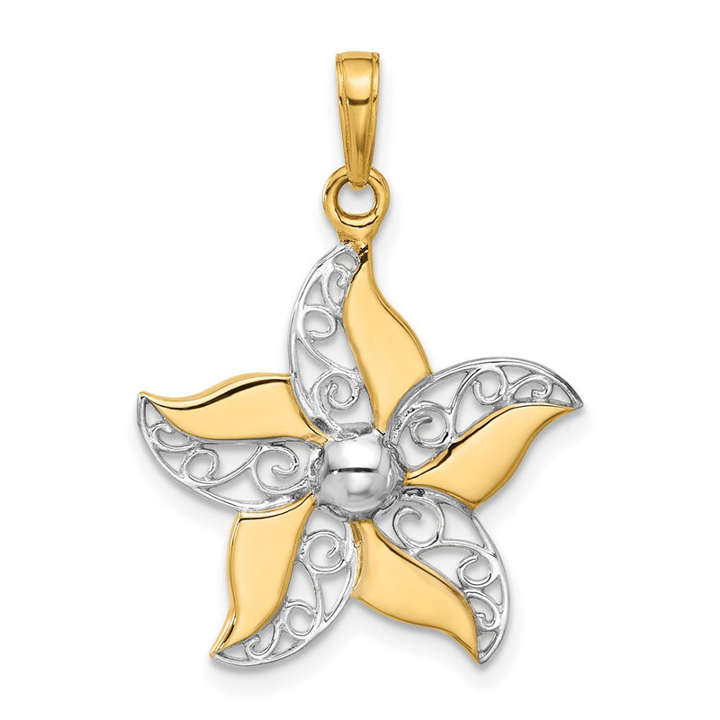 14K Yellow Gold and Rhodium Filigree Flower Pendant