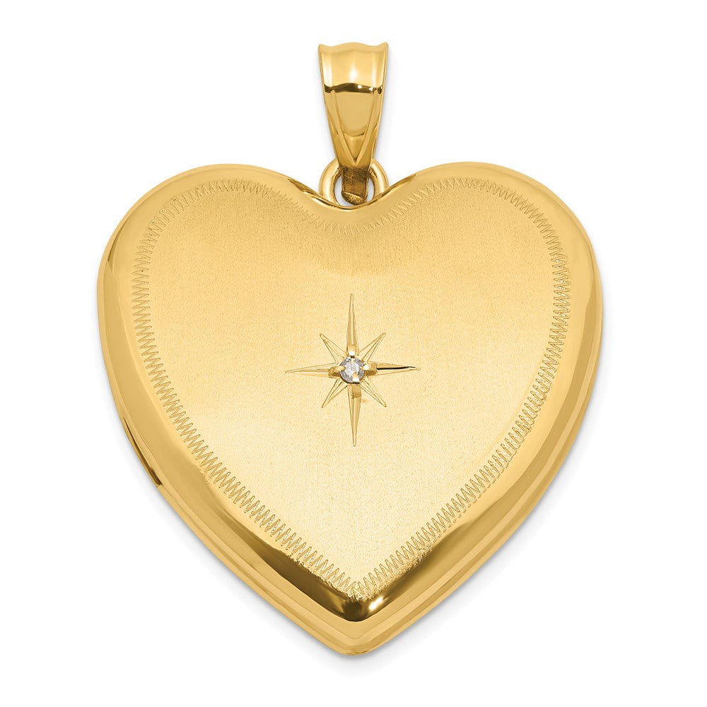 14K Yellow Gold Satin and Polished Diamond Star 24mm Heart Locket