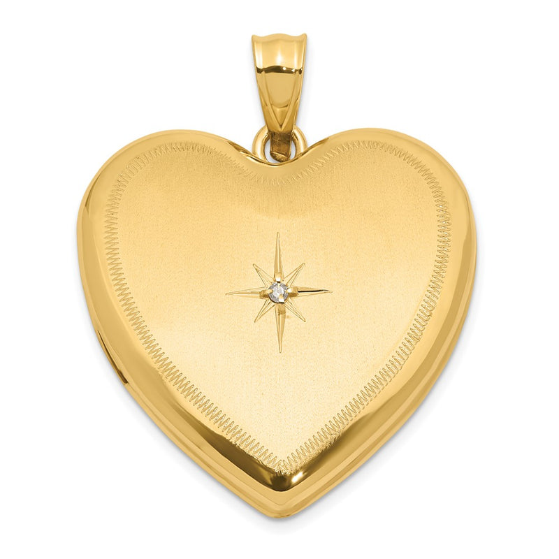 14K Yellow Gold Satin and Polished Diamond Star 24mm Heart Locket