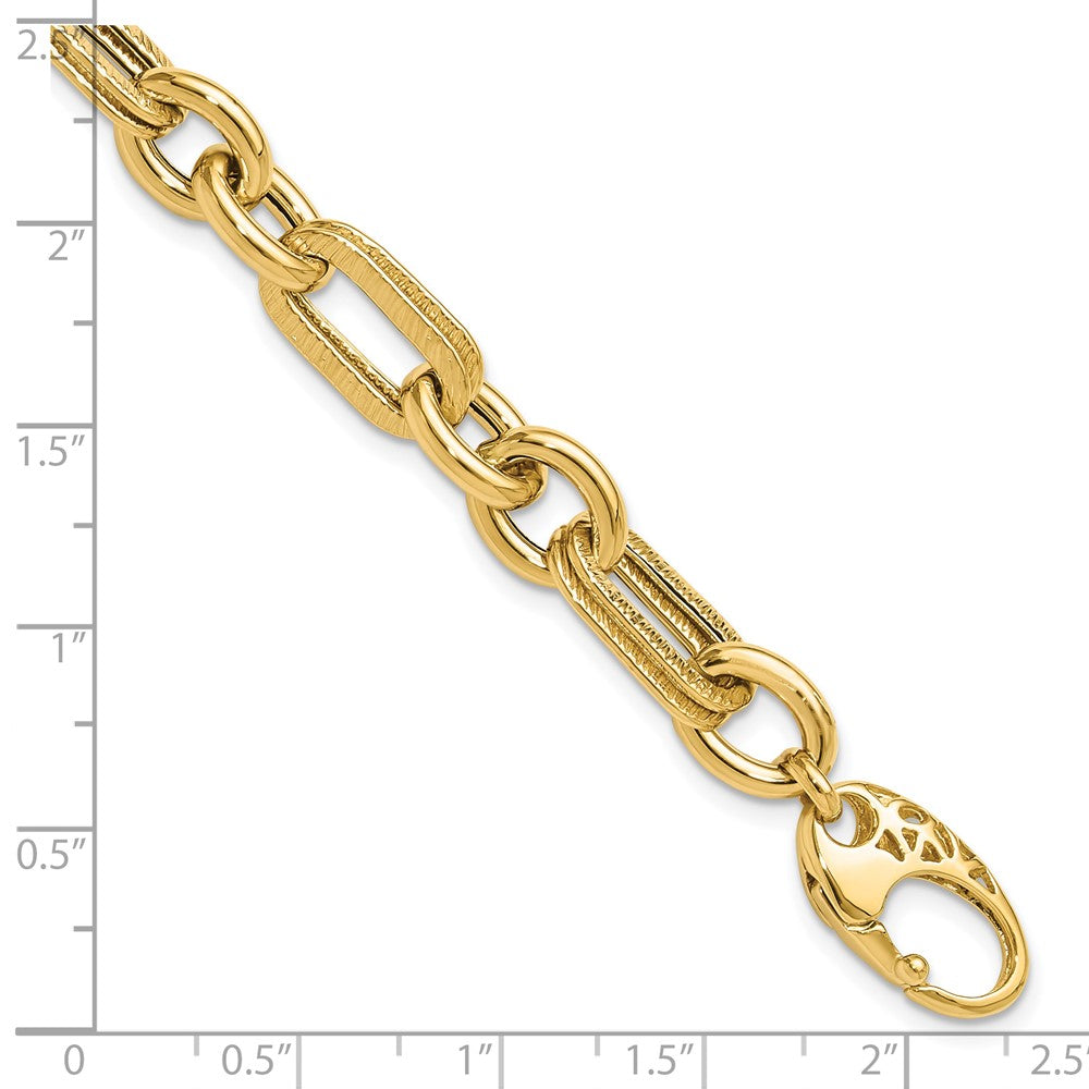 14K Yellow Gold Polished and Textured 7.7mm Fancy Link 7.5 Inch Bracelet