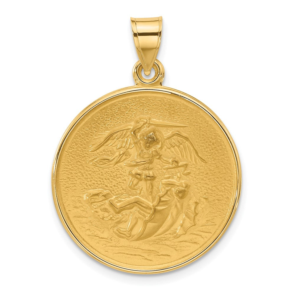 14K Yellow Gold Polished and Satin Solid Large St. Michael Medal Round Pendant