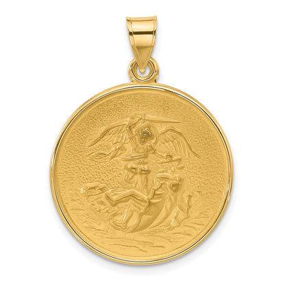 14K Yellow Gold Polished and Satin Solid Large St. Michael Medal Round Pendant