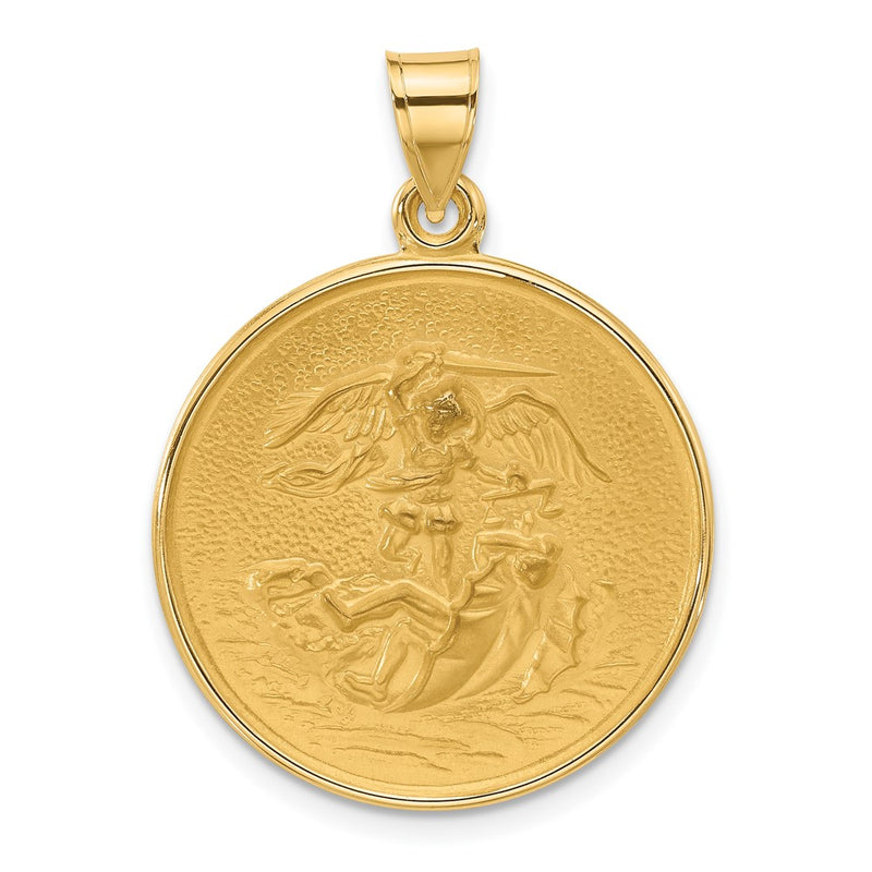 14K Yellow Gold Polished and Satin Solid Large St. Michael Medal Round Pendant