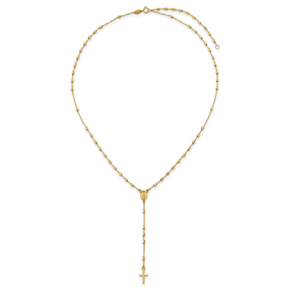14K Yellow Gold Polished Cross and Miraculous Medal Diamond-cut Beaded 16.75 Inch Rosary Necklace with 2 Inch Extender