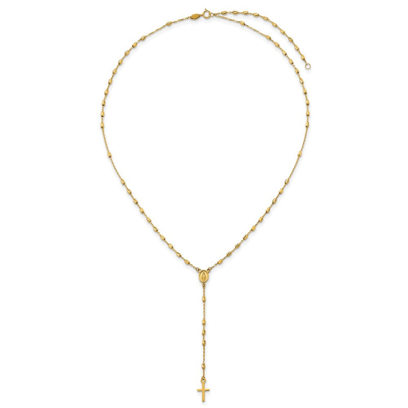 14K Yellow Gold Polished Cross and Miraculous Medal Diamond-cut Beaded 16.75 Inch Rosary Necklace with 2 Inch Extender