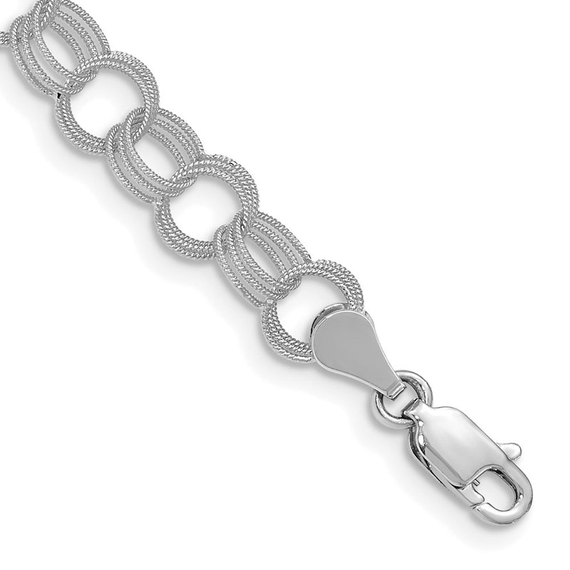 14K White Gold 6mm Solid Textured Triple Link 7 Inch Charm Bracelet