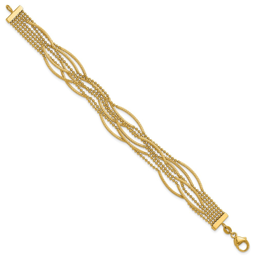 14K Yellow Gold Polished and Textured Multi Strand Beaded Chain Bracelet