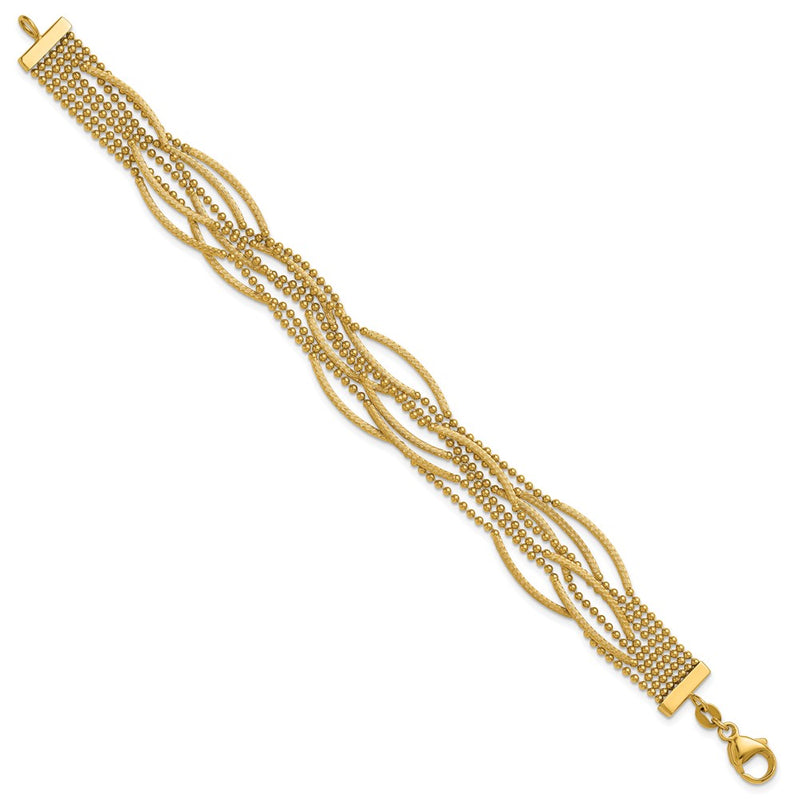 14K Yellow Gold Polished and Textured Multi Strand Beaded Chain Bracelet