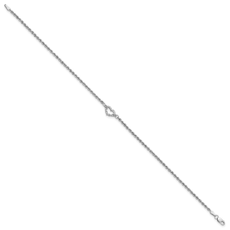 14K White Gold Diamond-cut Open Heart and Rope Chain 10 Inch Anklet