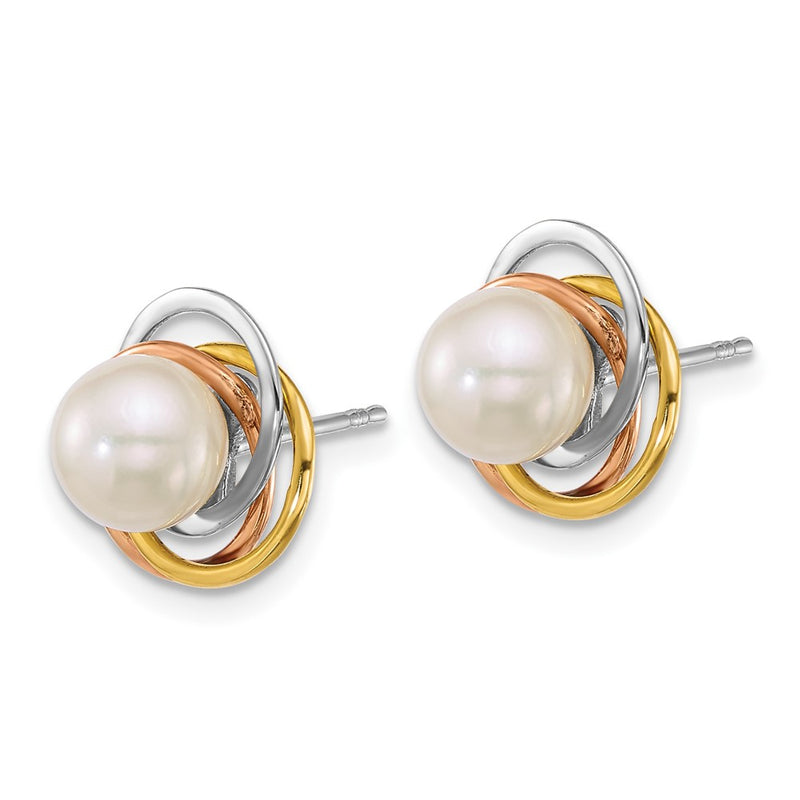 14K Tri-Color Gold Tri-color Polished 6-7mm Round South Sea Saltwater Cultured Pearl Love Knot Post Earrings