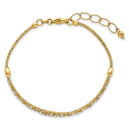 14K Two-Tone Gold Textured Diamond-cut 7mm Beaded Chain Bracelet Plus Extender