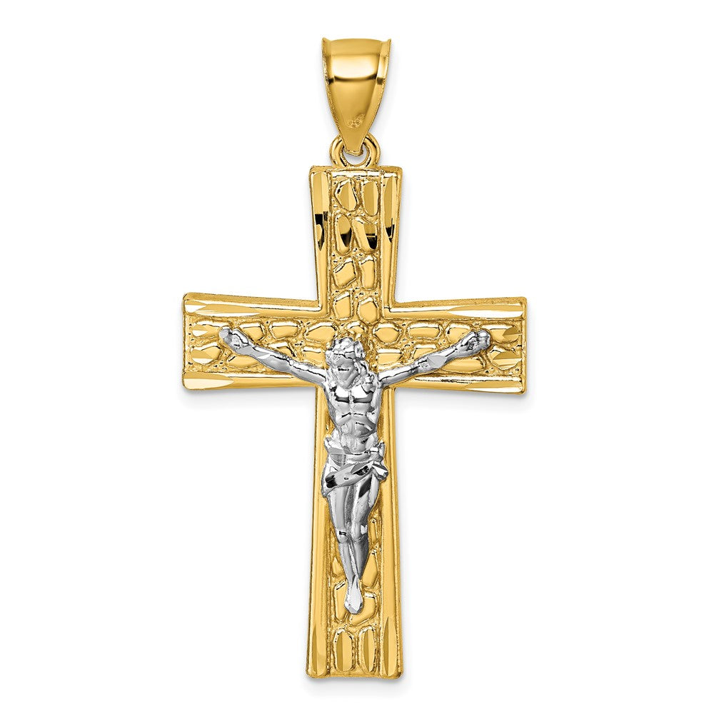 14K Yellow Gold and Rhodium Polished Diamond-cut Nugget Crucifix Pendant