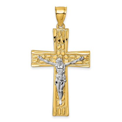 14K Yellow Gold and Rhodium Polished Diamond-cut Nugget Crucifix Pendant