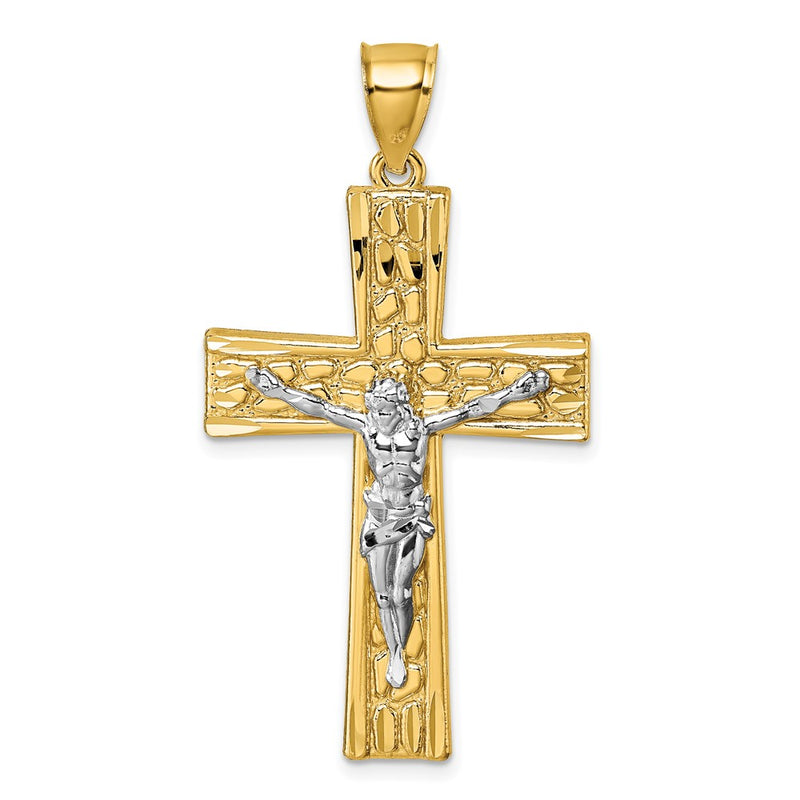 14K Yellow Gold and Rhodium Polished Diamond-cut Nugget Crucifix Pendant