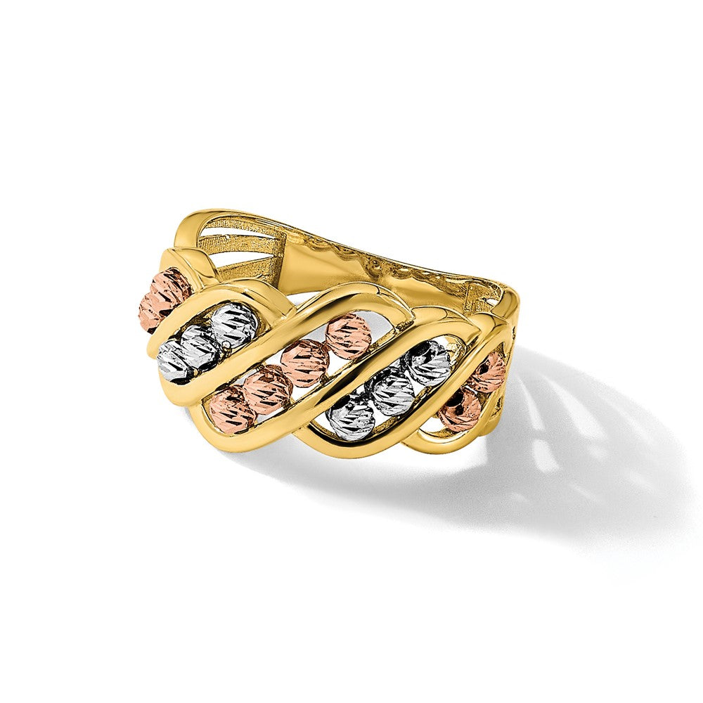 14K Tri-Color Gold Tri-color Polished and Diamond-cut Beads Fashion Ring