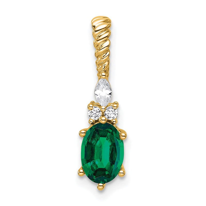 14K Yellow Gold Diamond and 7x5 Oval May/Lab Created Emerald Twisted Chain Slide