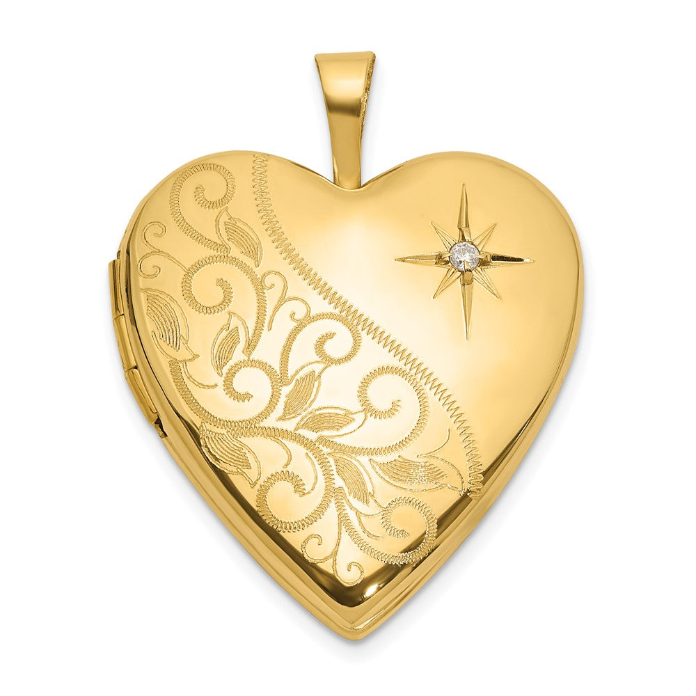 14K Yellow Gold Polished Diamond Scrolled 20mm Heart Locket