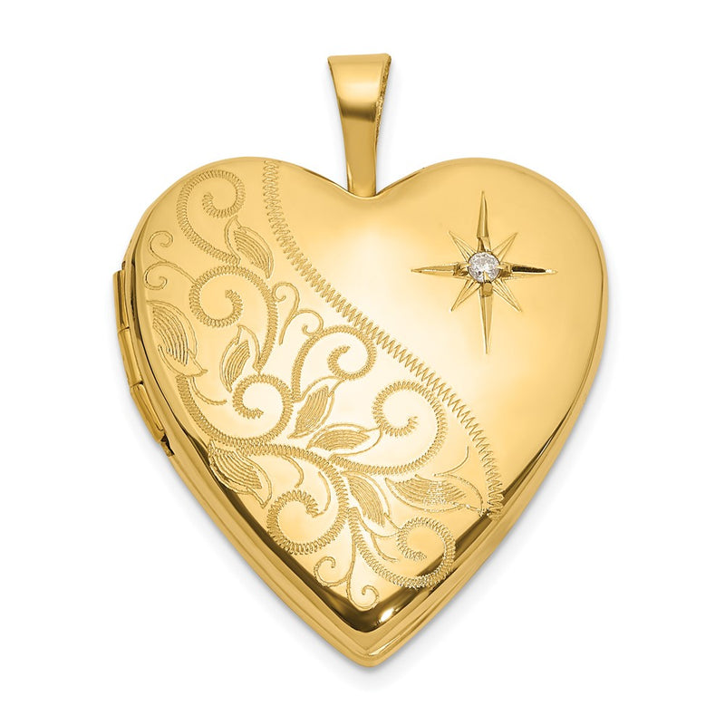 14K Yellow Gold Polished Diamond Scrolled 20mm Heart Locket