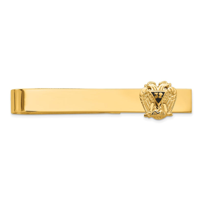 14K Yellow Gold Men's Polished and Textured with Black Enamel 32 Degree Scottish Rite Masonic Medium Tie Bar