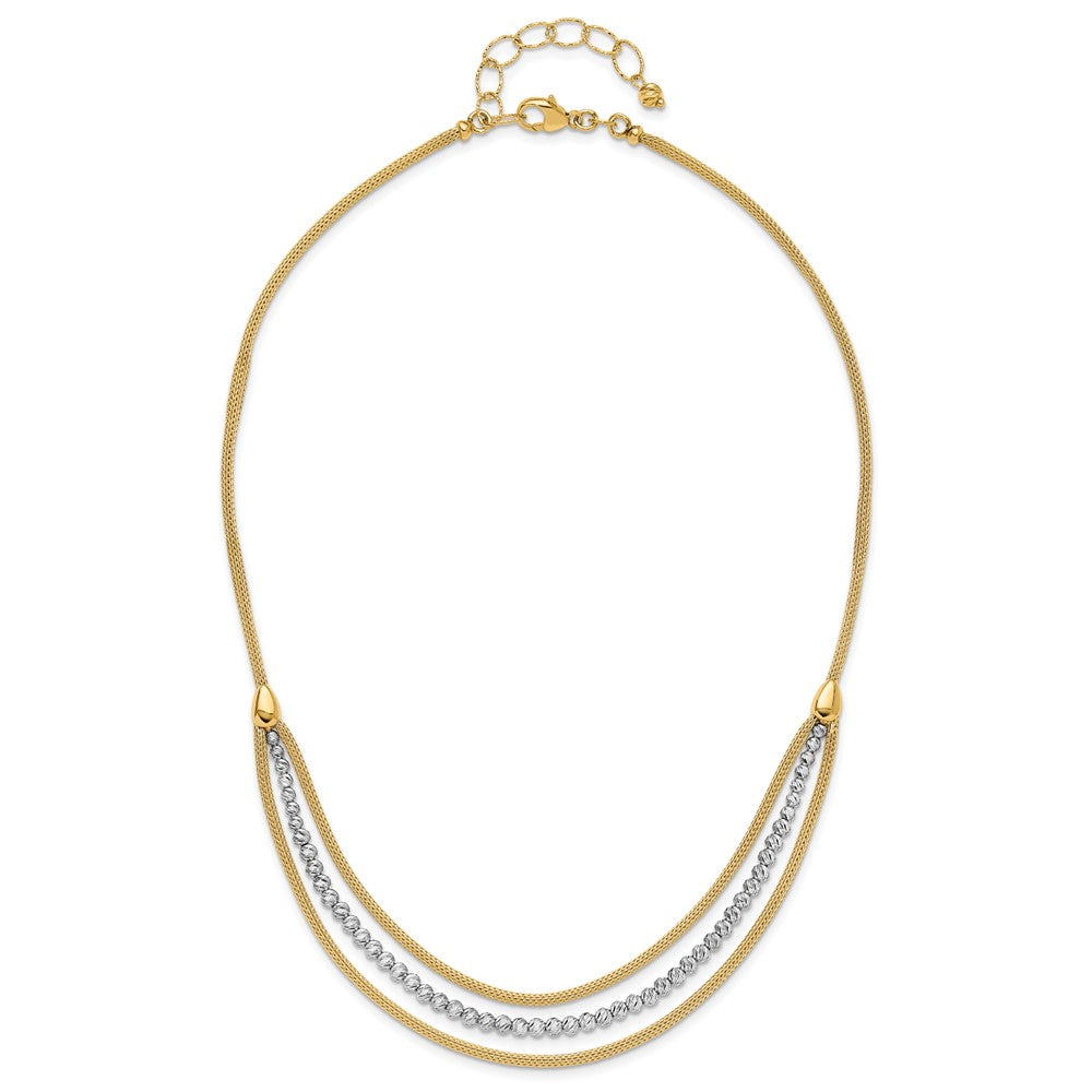 14K Two-Tone Gold Two-tone Diamond-cut Beads and Mesh Chain 3-Strand Bib 15.75 Inch Necklace Plus 2 Inch Extender