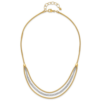 14K Two-Tone Gold Two-tone Diamond-cut Beads and Mesh Chain 3-Strand Bib 15.75 Inch Necklace Plus 2 Inch Extender