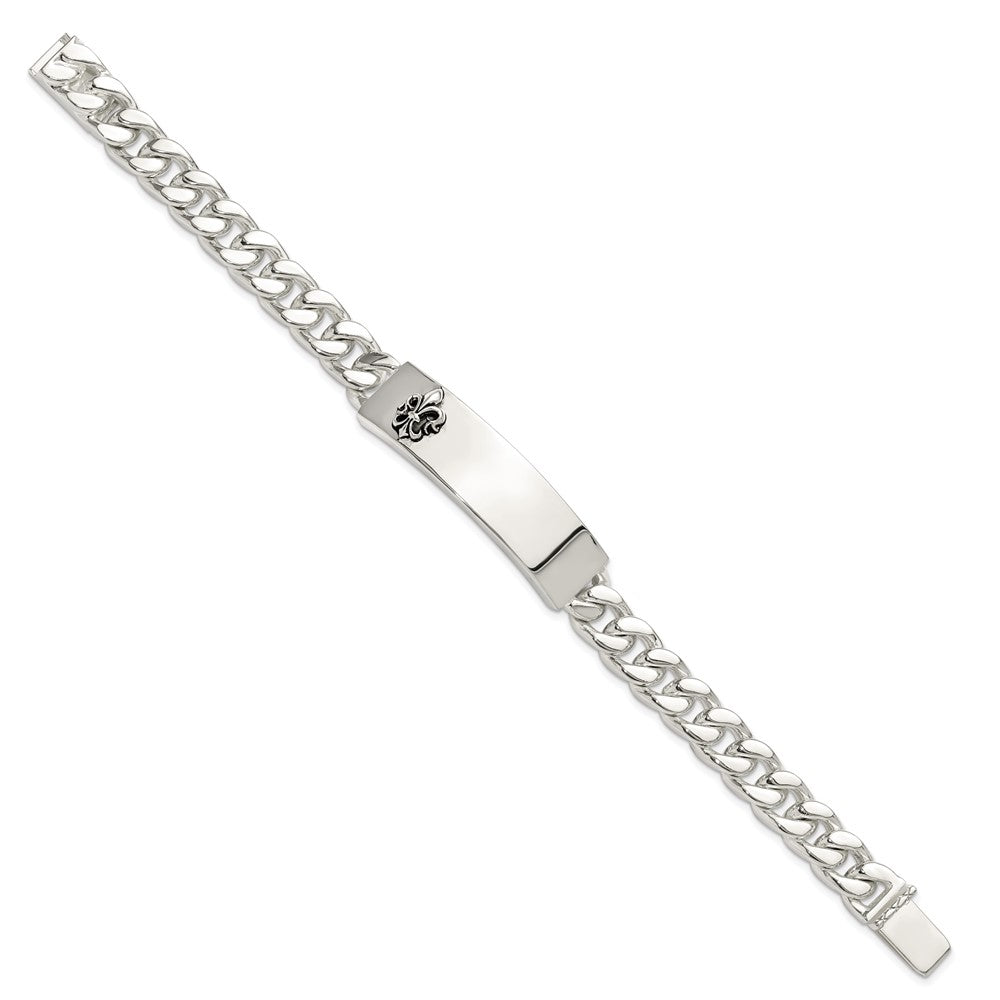 Sterling Silver Antiqued Fleur-de-lis ID Men's Bracelet