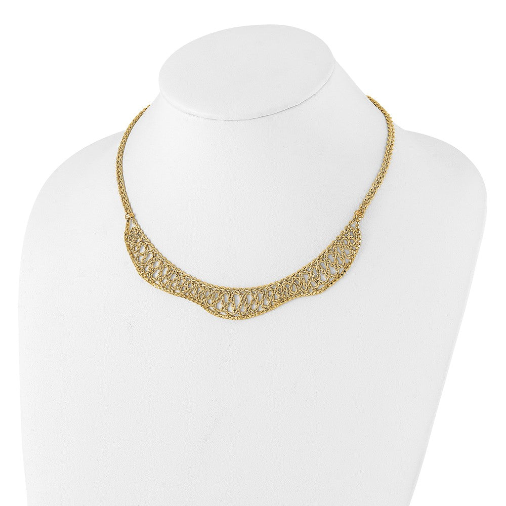 14K Yellow Gold Diamond-cut Braided Rope Chain Fancy Front Drape 17.25 Inch Necklace