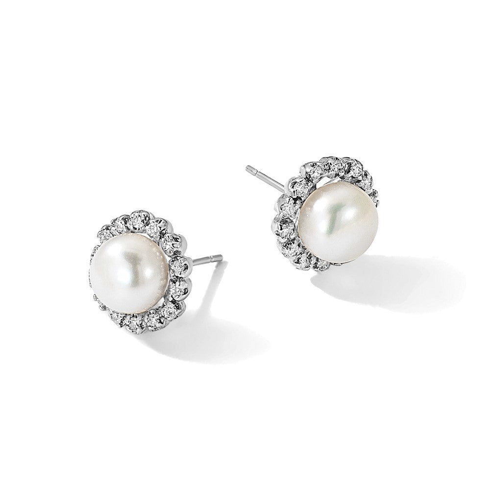 14K White Gold 7-8mm White Button Freshwater Cultured Pearl and .28 Carat Diamond Halo Post Earrings