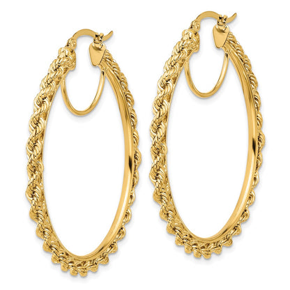 14K Yellow Gold Polished and D/C Rope 2.95mm Hoop Earrings