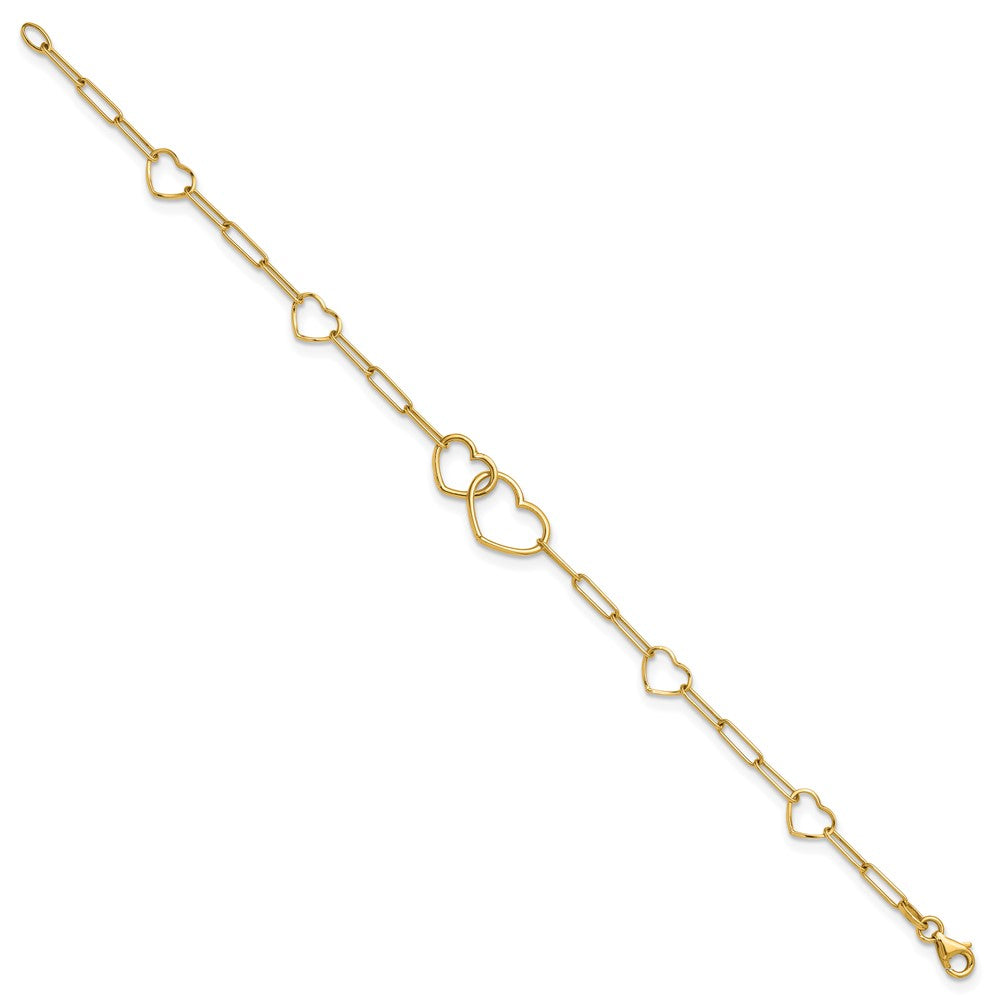 14K Yellow Gold Polished Double Hearts and Paper Clip Links 7.5 Inch Bracelet