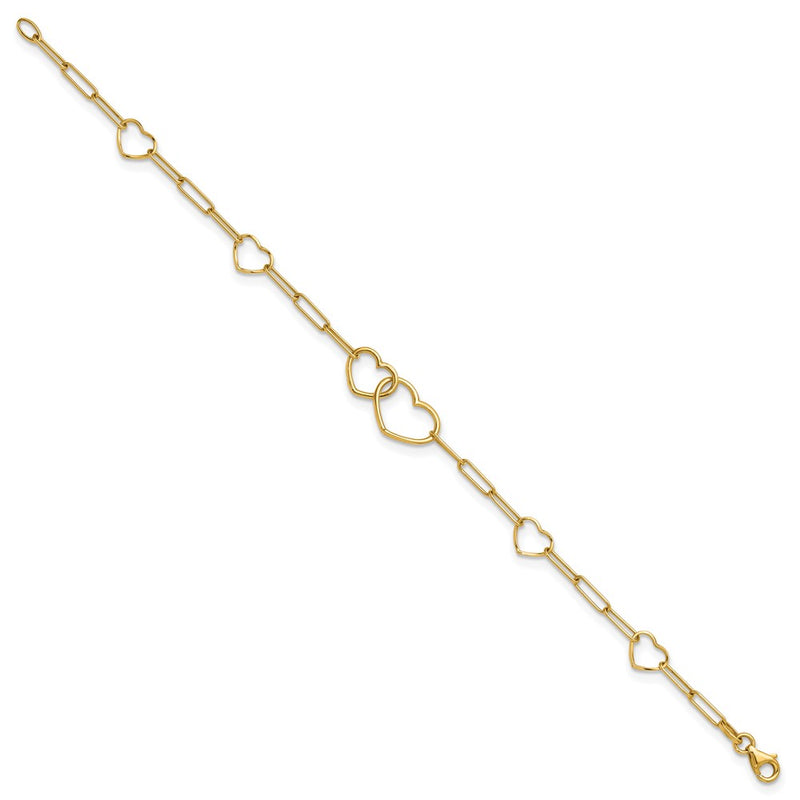 14K Yellow Gold Polished Double Hearts and Paper Clip Links 7.5 Inch Bracelet