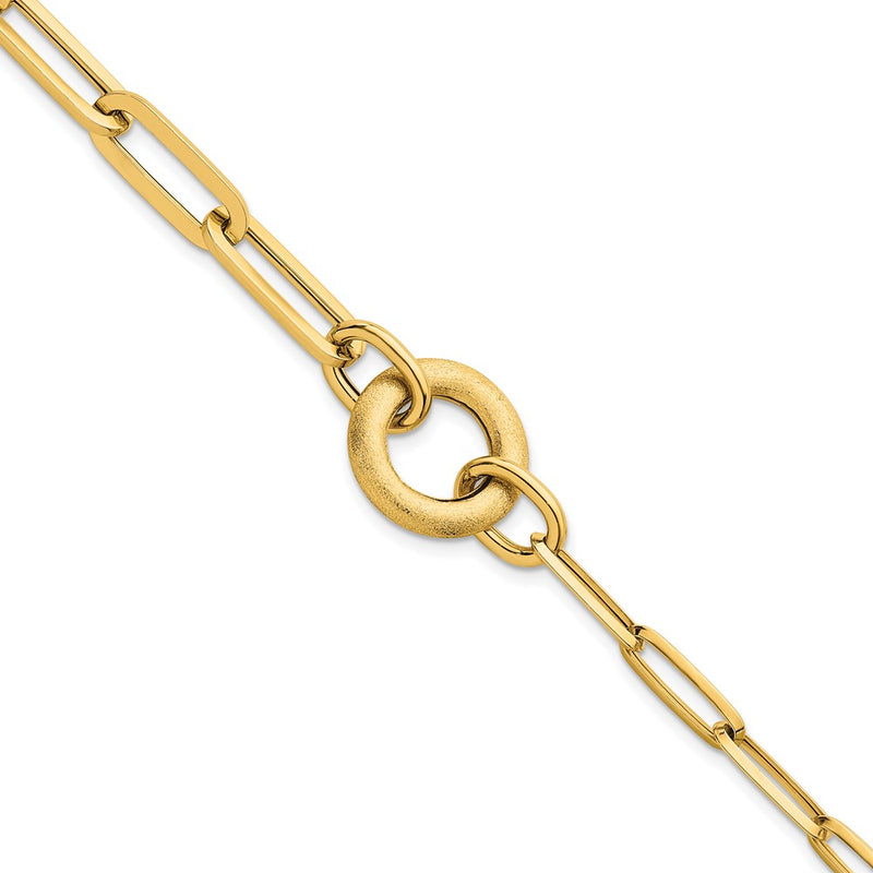 14K Yellow Gold Polished And Brushed Paperclip Link With Circle 8 Inch Bracelet