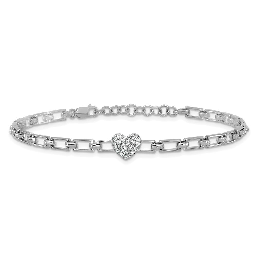 14K White Gold Polished Complete 1/6 carat Diamond Heart Cluster Fancy Link 7 Inch Bracelet with 1 Inch Extender