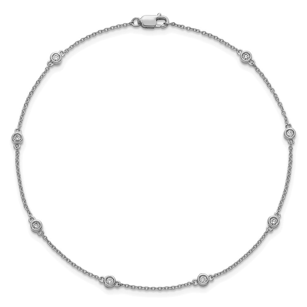 14K White Gold Complete 1/5 carat Bezel-set Diamond and Cable Chain 8-Station 9 Inch Anklet