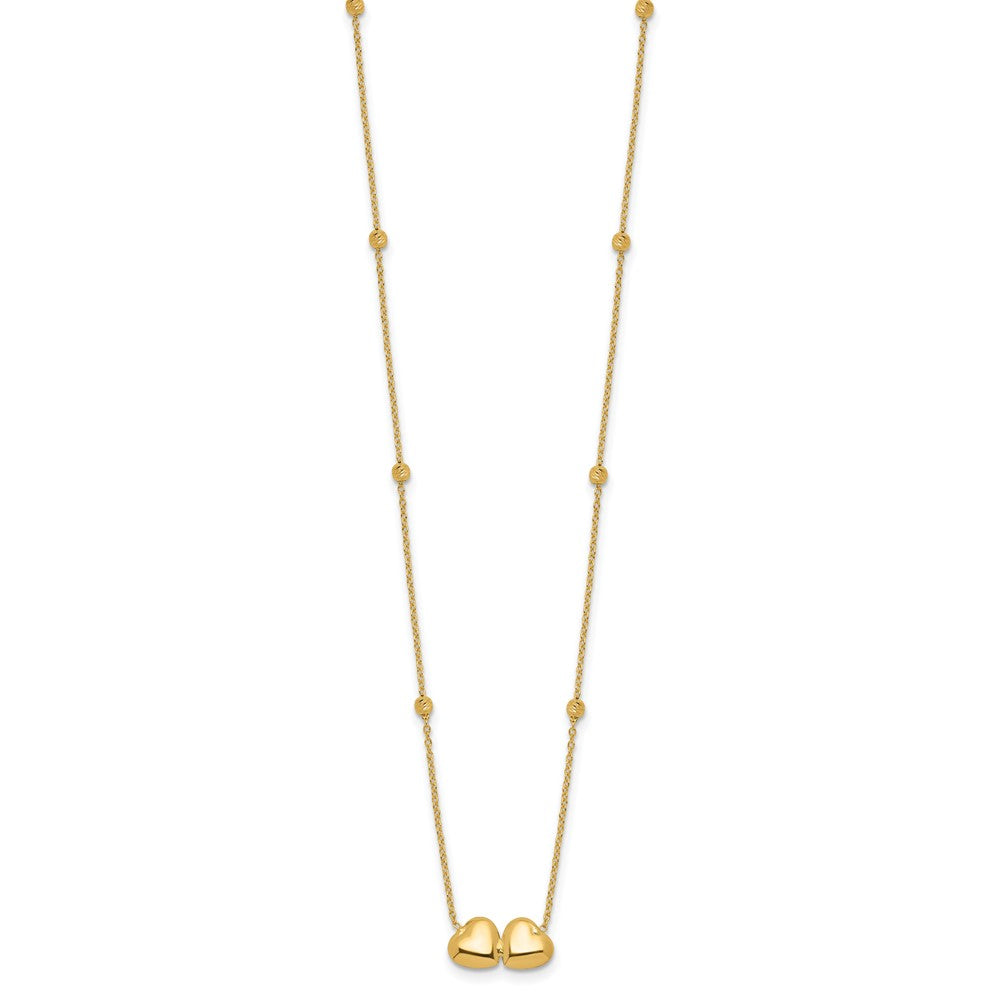 14K Yellow Gold Polished Double Heart with Diamond-cut Beads 16 Inch Necklace Plus 2 Inch Extender