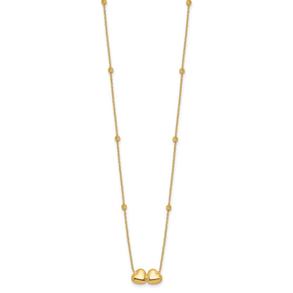 14K Yellow Gold Polished Double Heart with Diamond-cut Beads 16 Inch Necklace Plus 2 Inch Extender