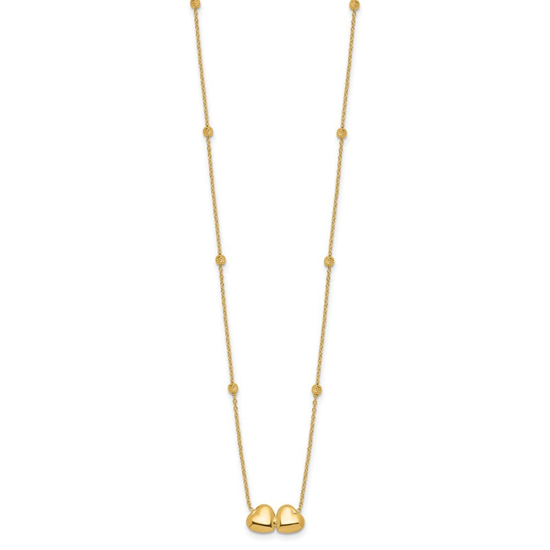 14K Yellow Gold Polished Double Heart with Diamond-cut Beads 16 Inch Necklace Plus 2 Inch Extender